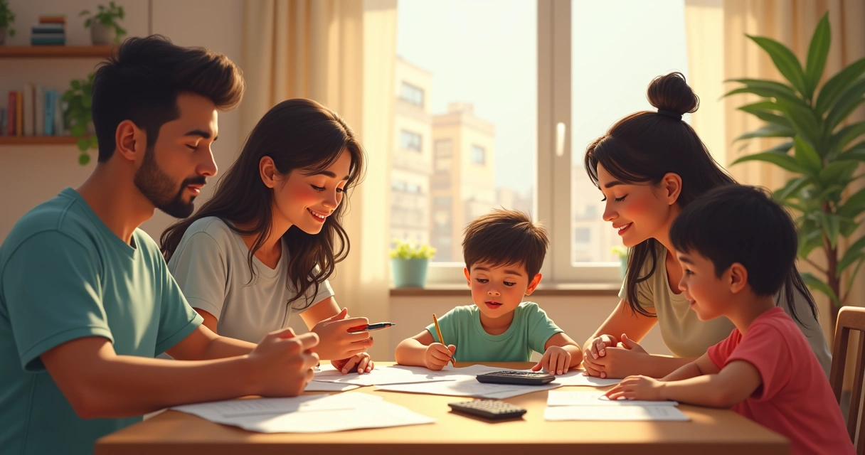 Família reunida à mesa conversando sobre dinheiro e anotando em papel