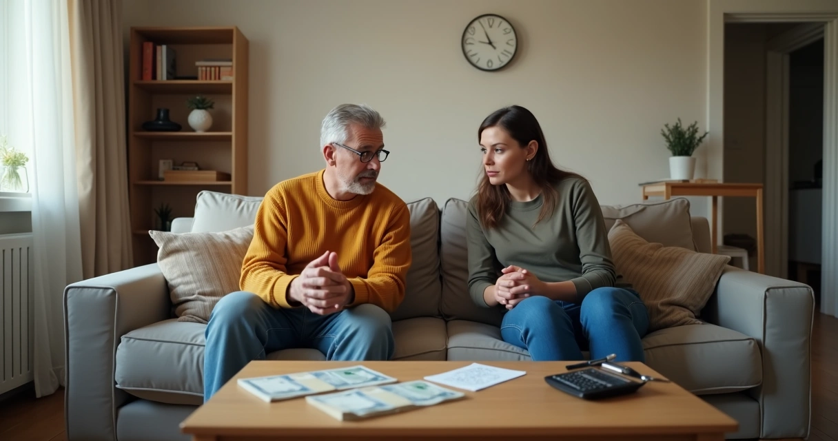 Dois parentes conversando com dinheiro sobre a mesa escolhem juntos o que fazer 