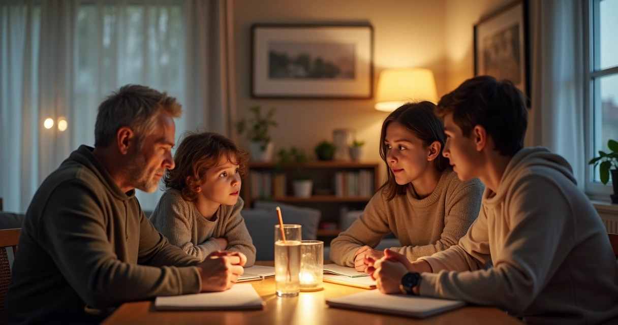 Familia sentada en la mesa conversando de forma tranquila 