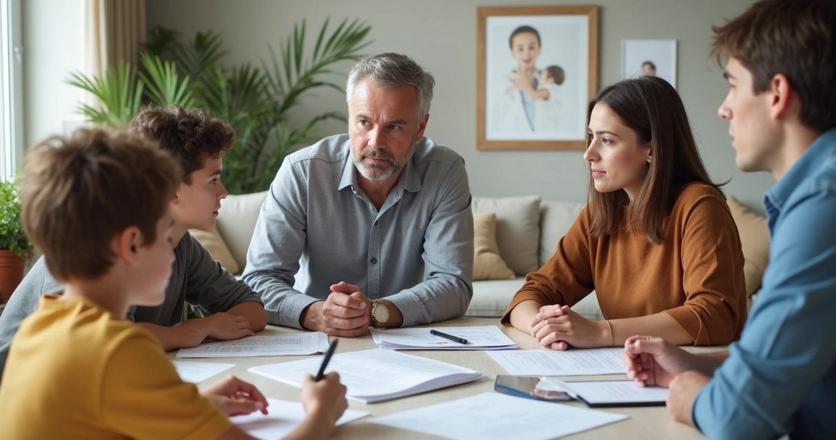Família reunida à mesa conversando sobre documento de patrimônio 