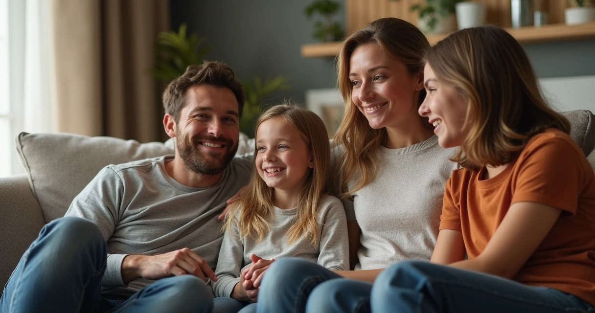 Família sentada no sofá em conversa tranquila 