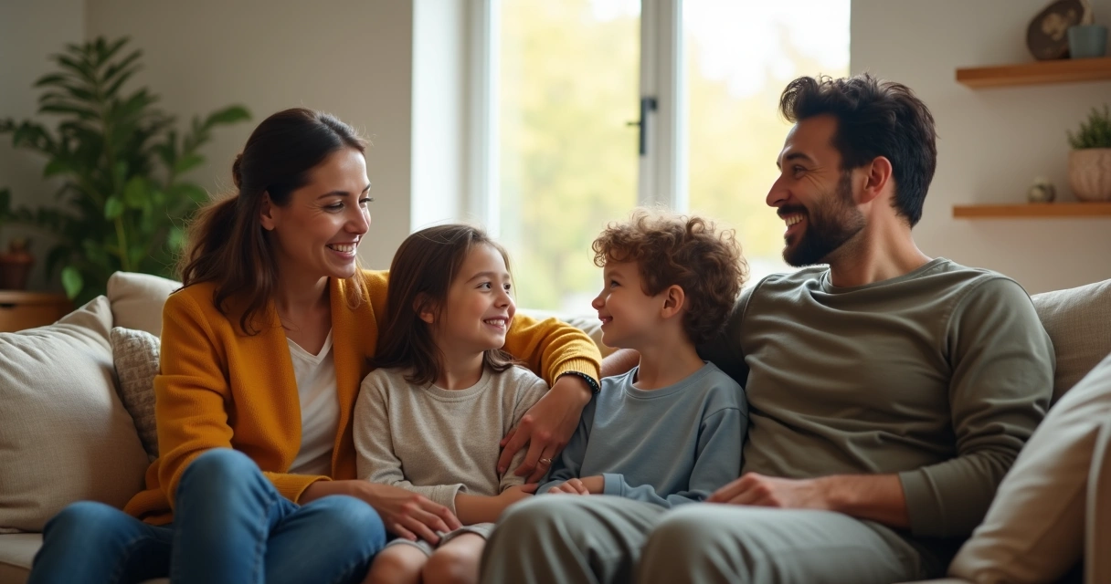 Família sentada conversando no sofá da sala