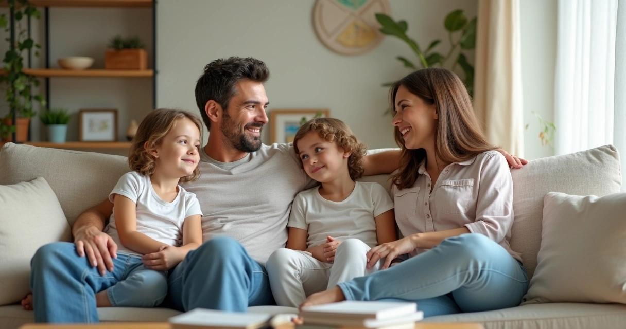 Família sentada em um sofá conversando de forma acolhedora 