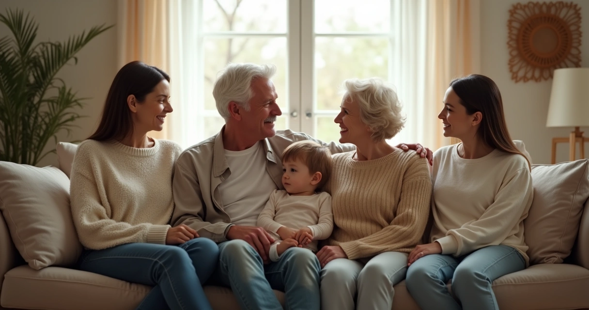 Família sentada em um sofá conversando em casa, clima sereno e acolhedor. 