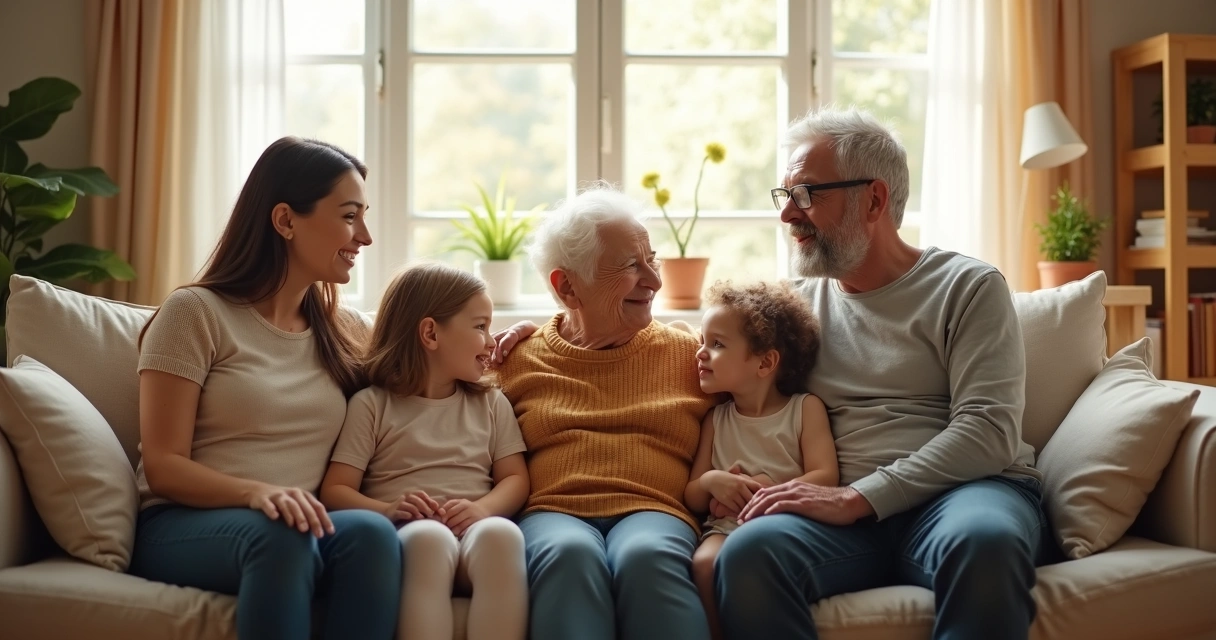 Família sentada em um sofá, conversando tranquilamente.