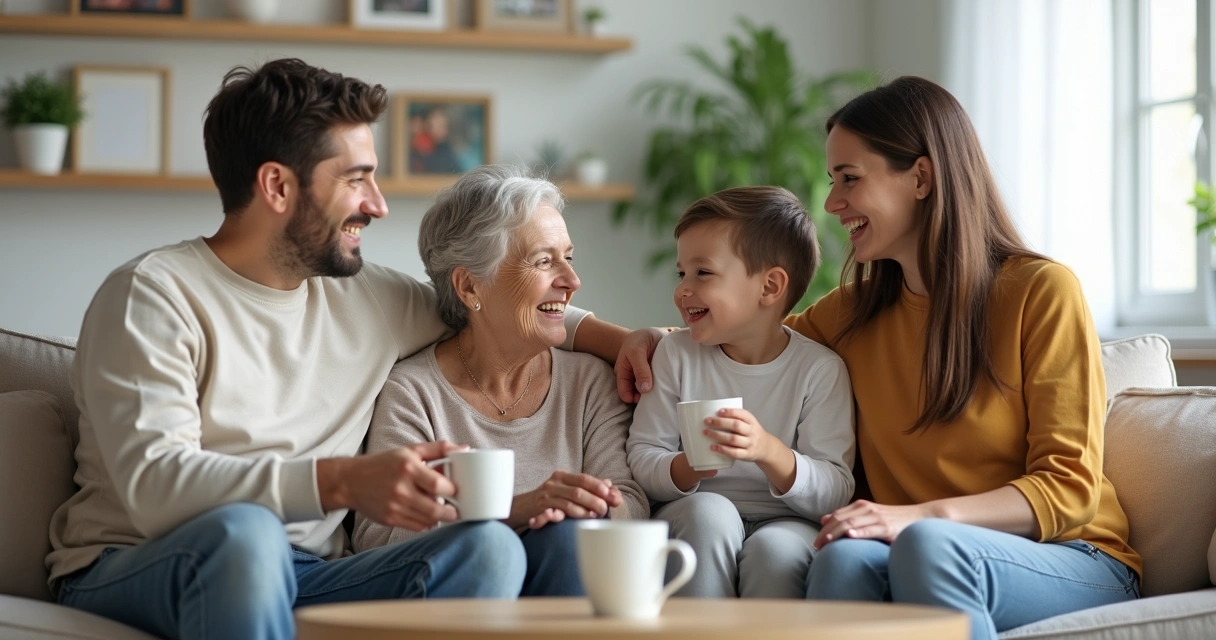 Família sentada no sofá conversando calmamente 