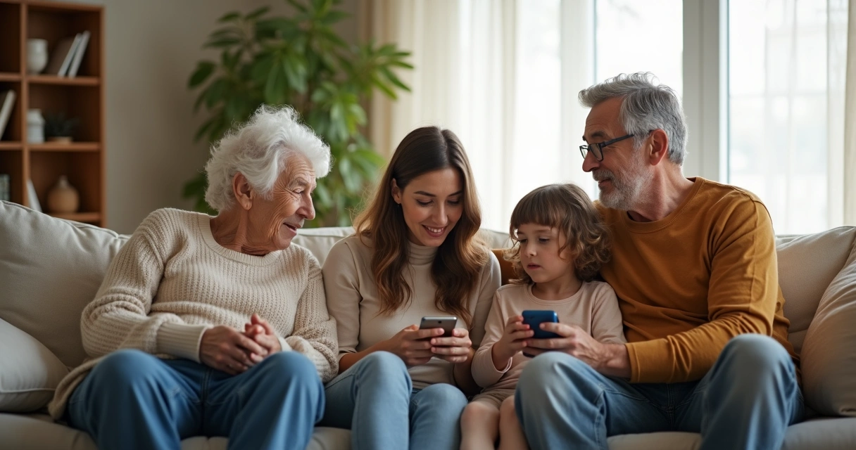 Família de várias gerações sentada no sofá em roda de conversa 