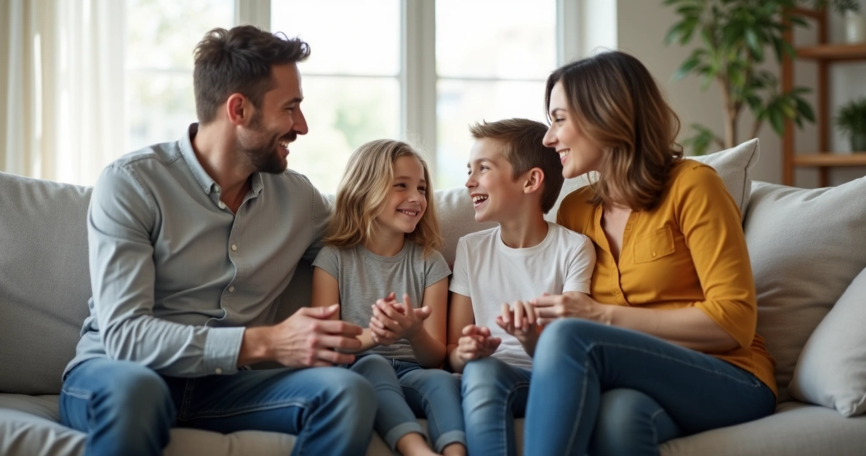 Padre y madre conversando con su hijo adolescente en el sofá de una sala iluminada