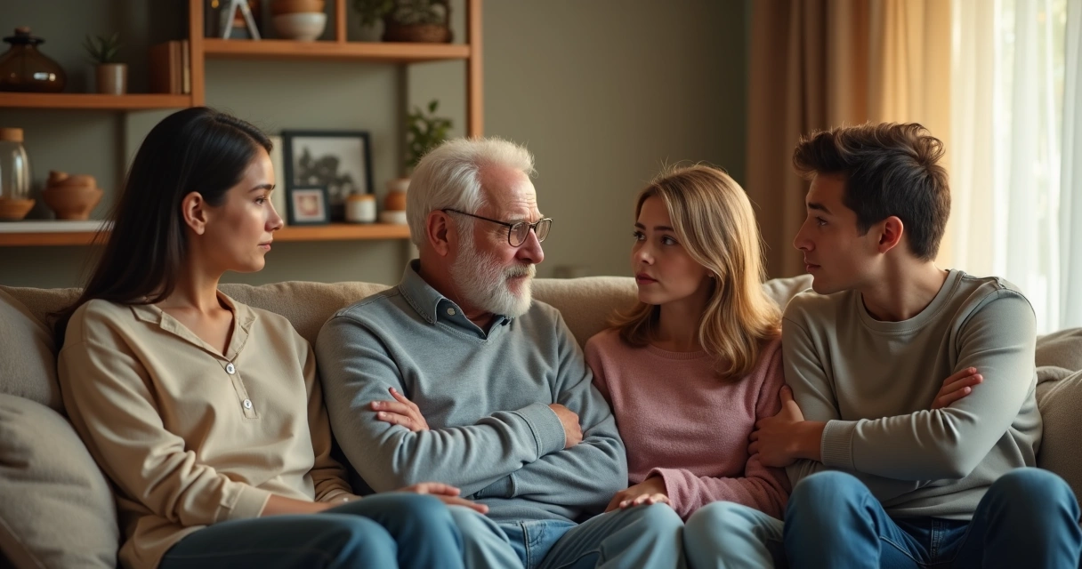 Família de três gerações sentada no sofá conversando 