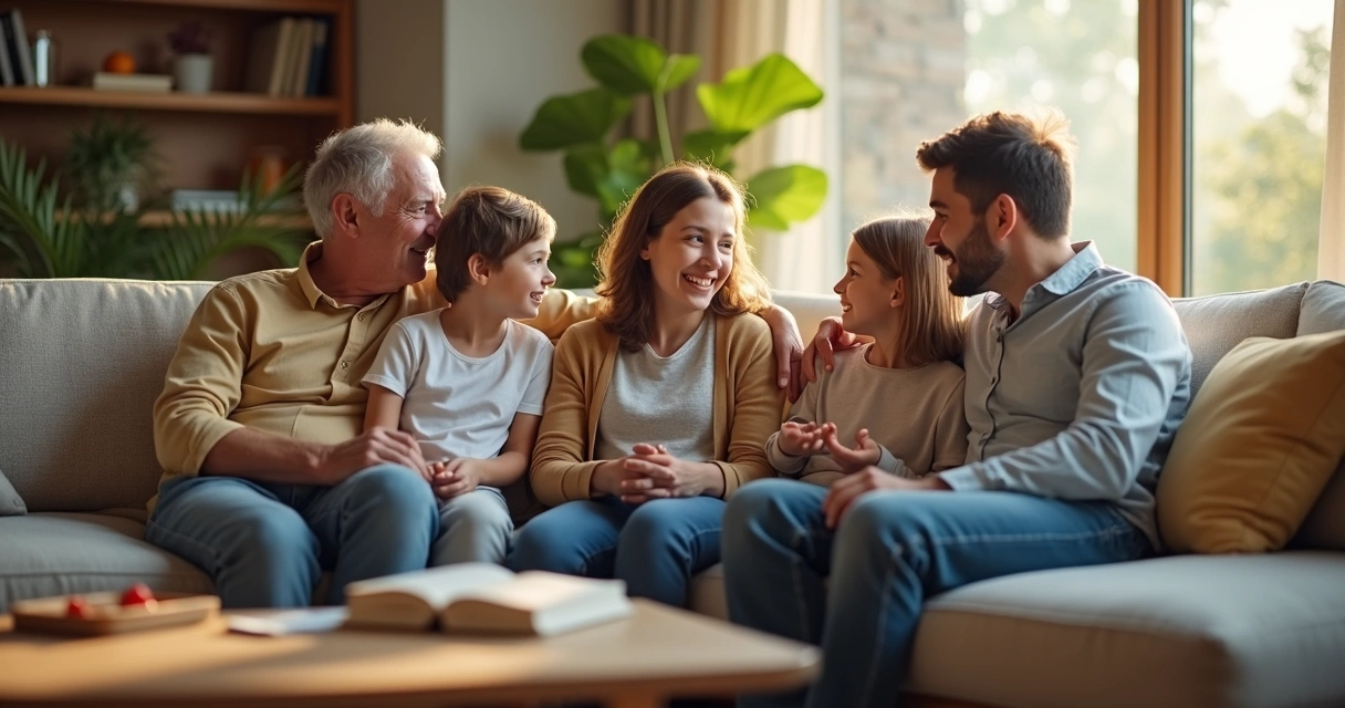 Família reunida sentada no sofá, conversando e sorrindo 