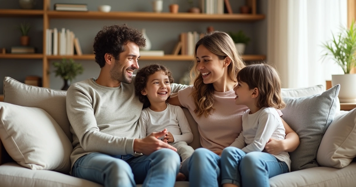 Familia sentada en un sofá conversando relajadamente 