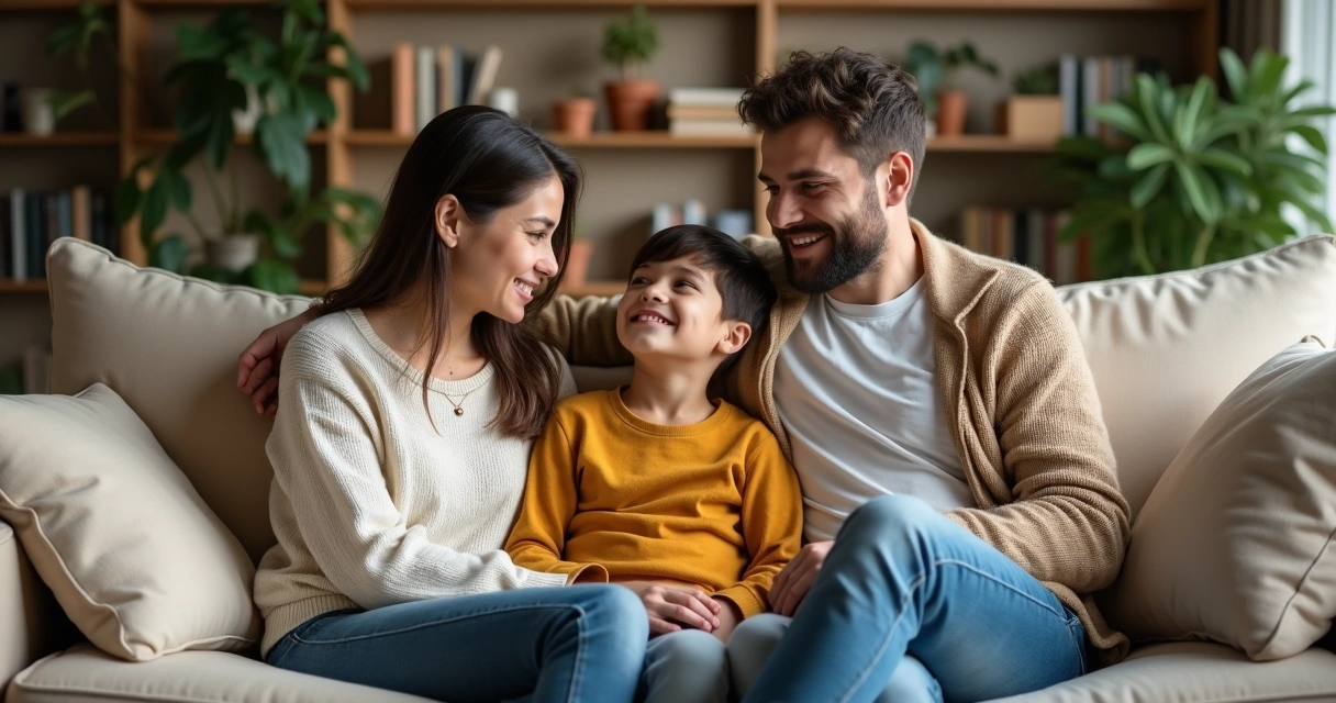 Família de três pessoas conversando informalmente no sofá.