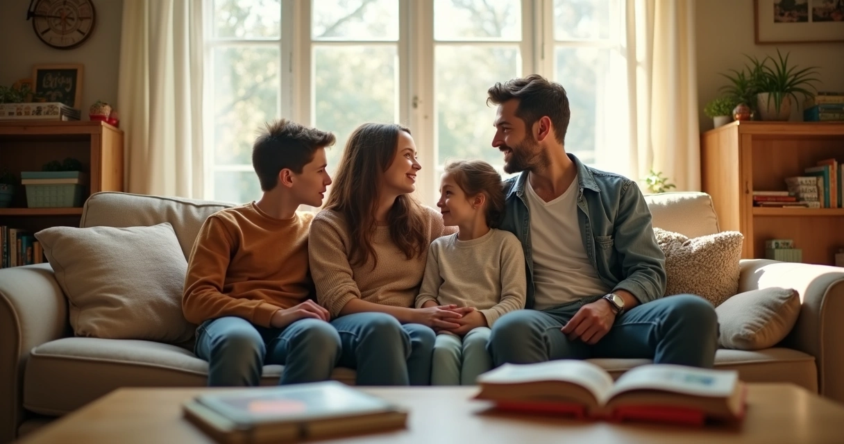 Família sentada no sofá conversando em casa 