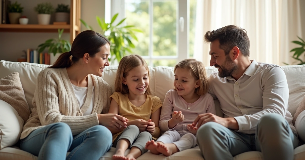 Família sentada no sofá conversando de maneira atenta