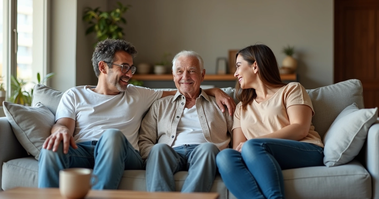 Família reunida no sofá conversando de maneira respeitosa 