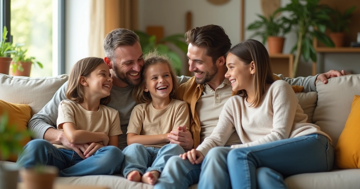 Família sentada no sofá conversando e sorrindo 