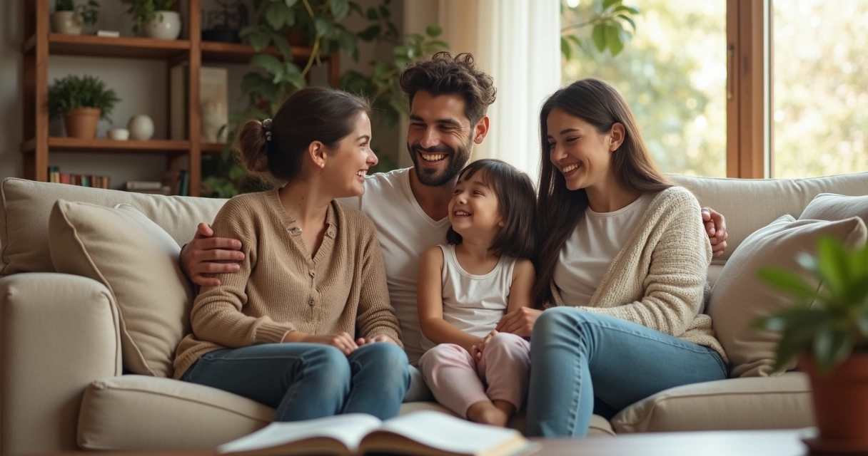 Família sentada em sofá conversando e sorrindo 