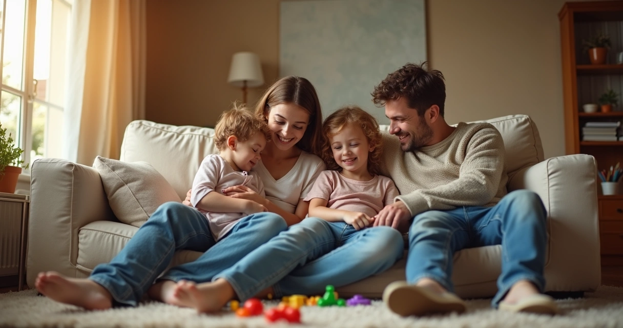 Família sentada no sofá conversando sorridente 