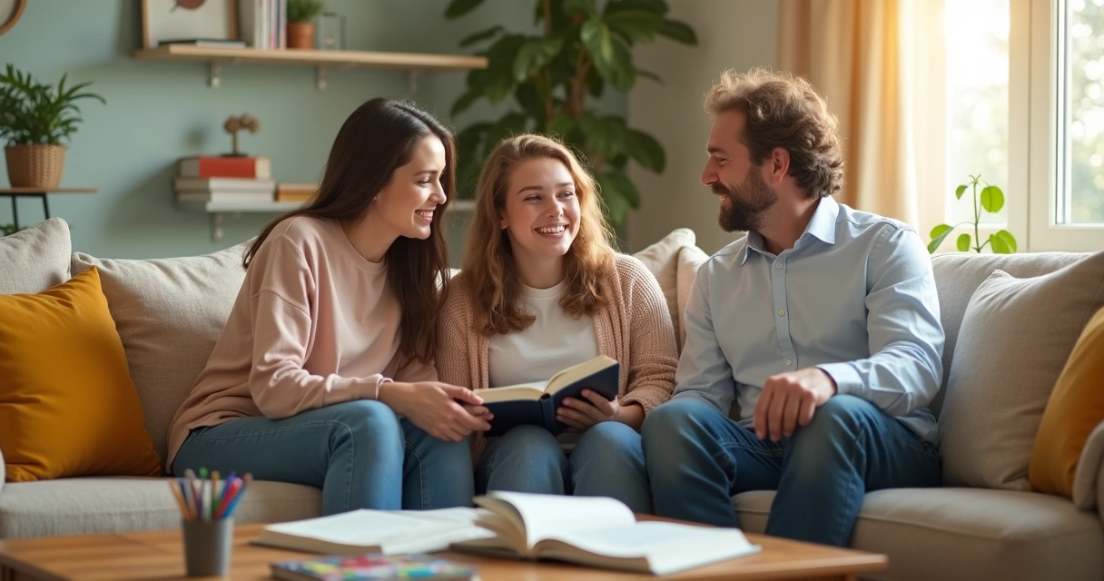 Família de três pessoas sentada no sofá conversando com livros e cadernos na mesa