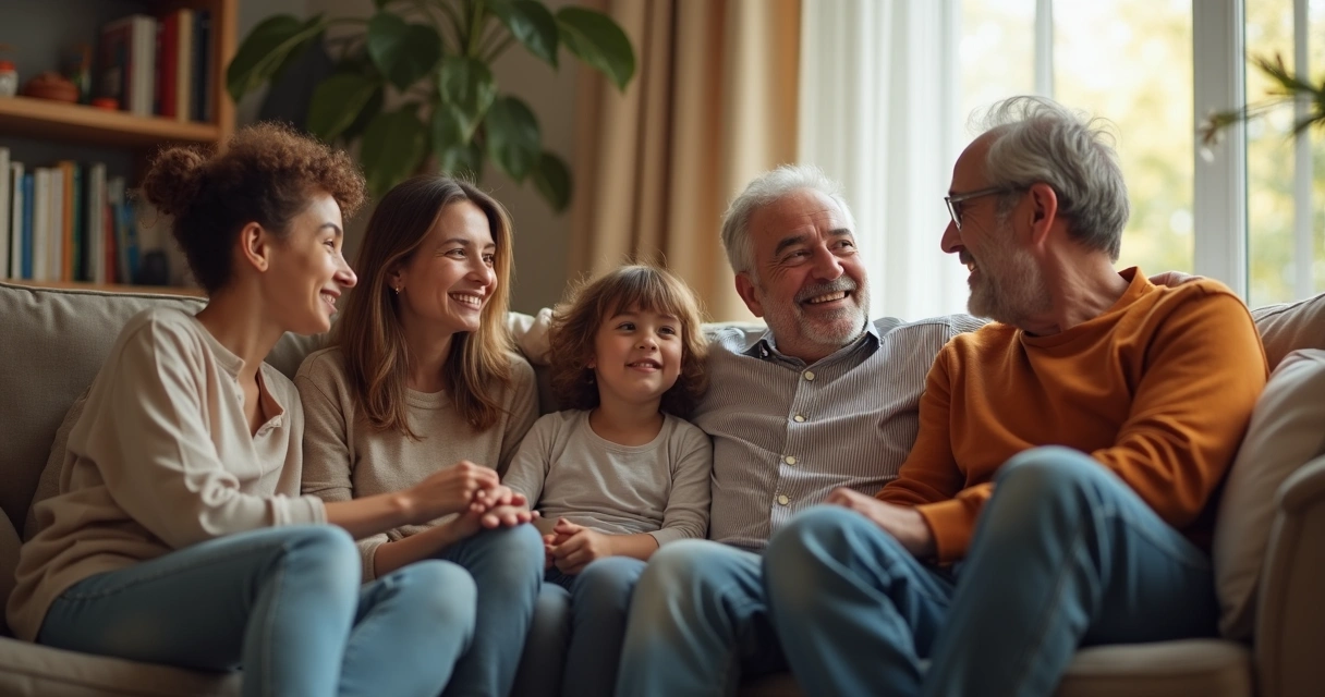Família reunida conversando sentada no sofá