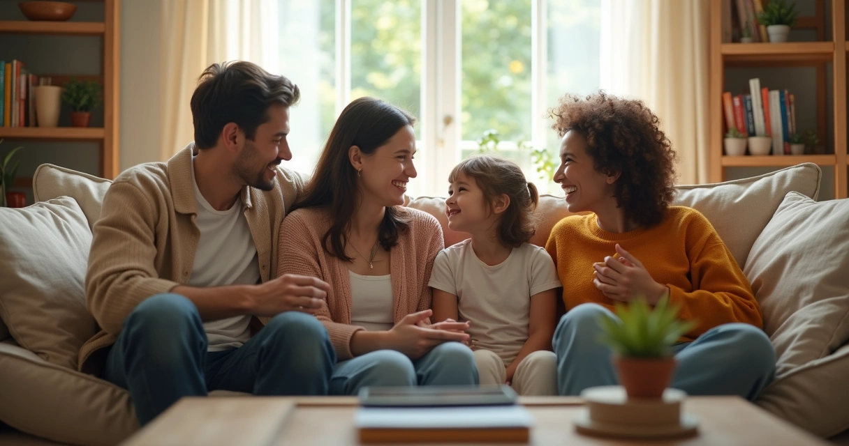 Família sentada em círculo conversando no sofá 