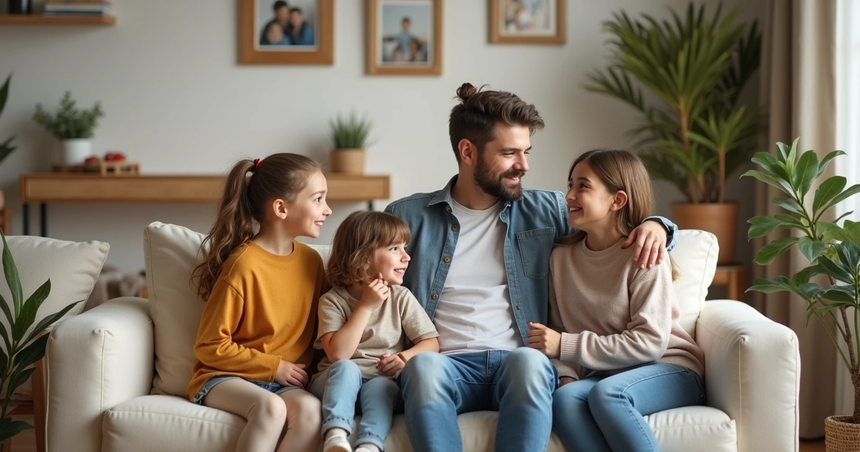 Família sentada no sofá conversando. 