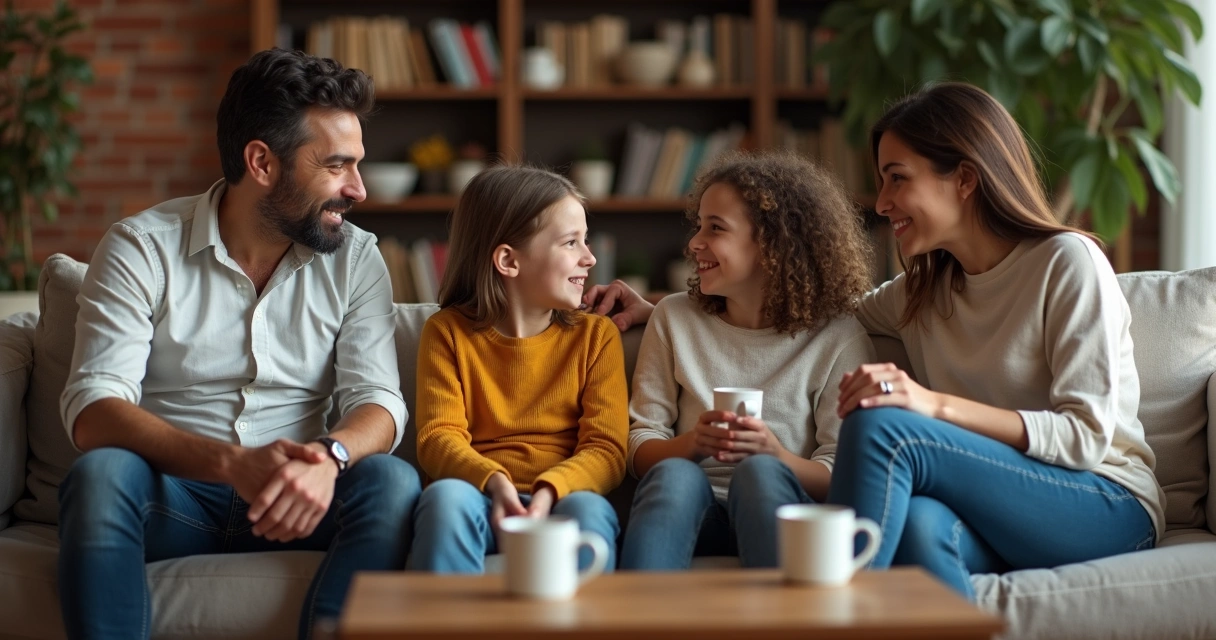 Família reunida conversando no sofá 