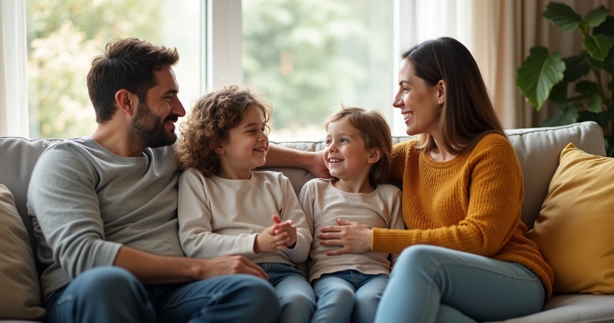 Família sentada no sofá conversando sobre emoções 