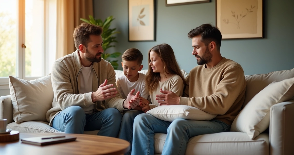 Família sentada no sofá conversando em sala de estar aconchegante 