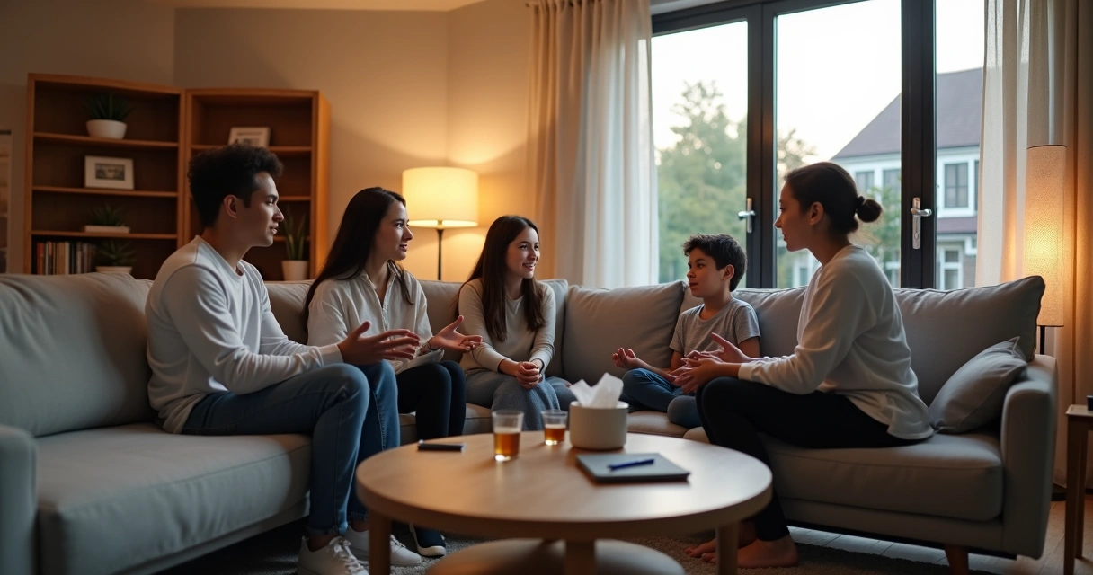 Família conversando com atenção em sofá de sala ampla 