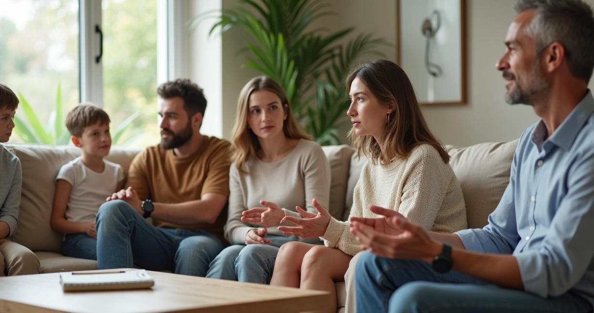 Família sentada no sofá conversando em sala de estar iluminada 