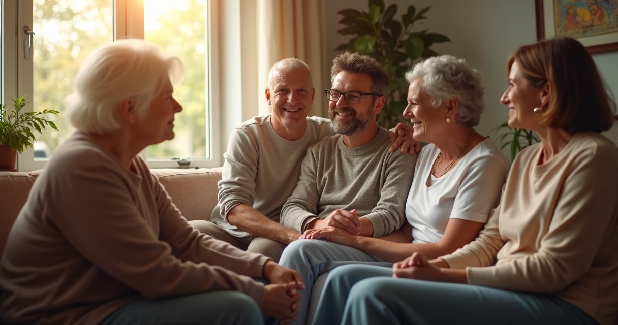 Família conversando em sala de casa, apoiando paciente em tratamento de câncer 