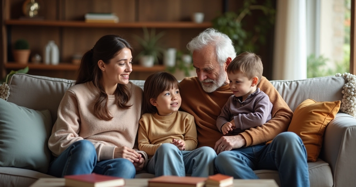 Família sentada junta no sofá, diálogo tranquilo entre pais e filhos. 