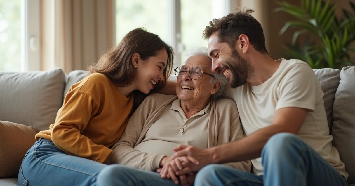 Família multigeracional abraçada no sofá com idoso sorrindo