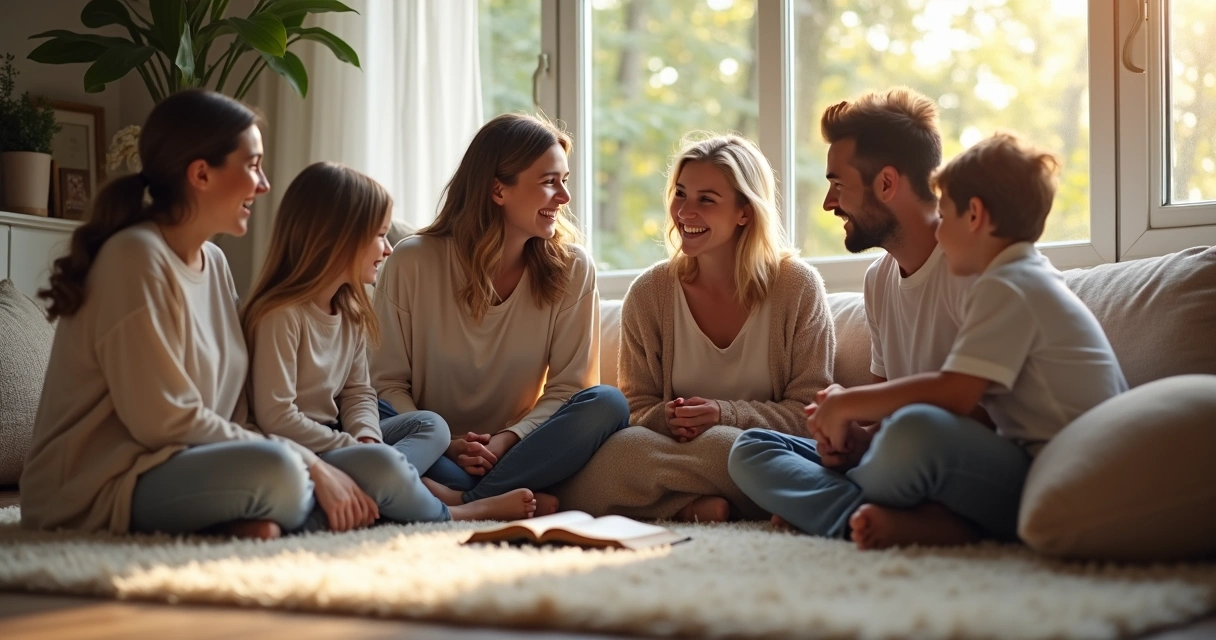 Família sentada em círculo na sala compartilhando sorrisos e conversas 