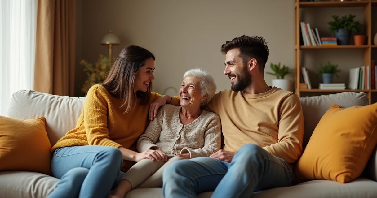 Família reunida em sala aconchegante, rindo juntos 