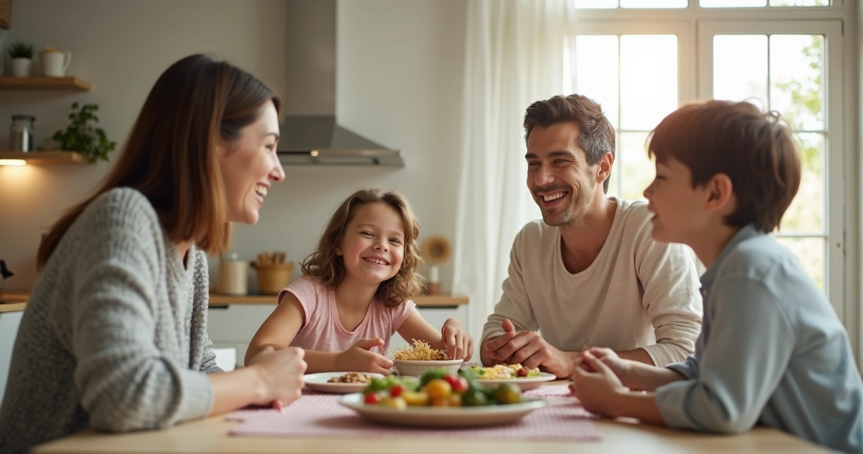 Família sentada à mesa conversando e sorrindo 