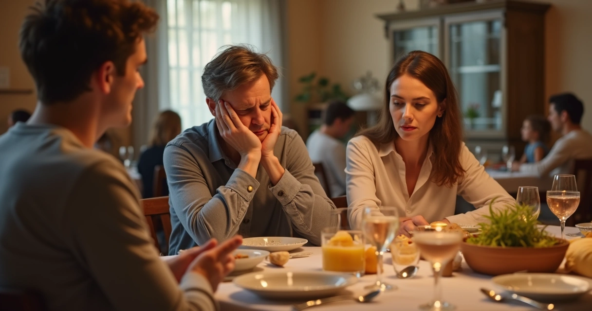 Dois adultos sentados à mesa com expressão cansada em reunião familiar