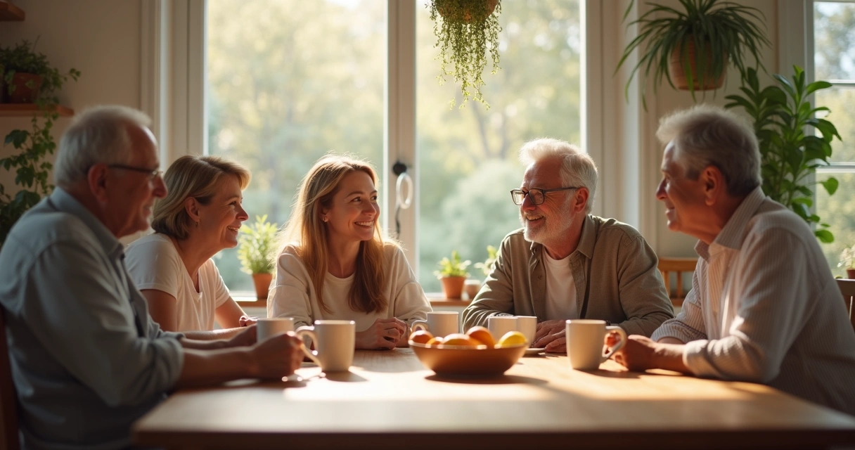 Família sentada à mesa conversando de forma harmoniosa 