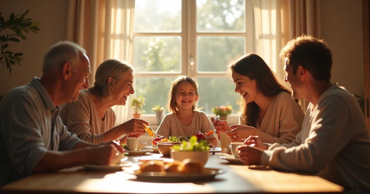 Família reunida em torno de uma mesa em momento de partilha 