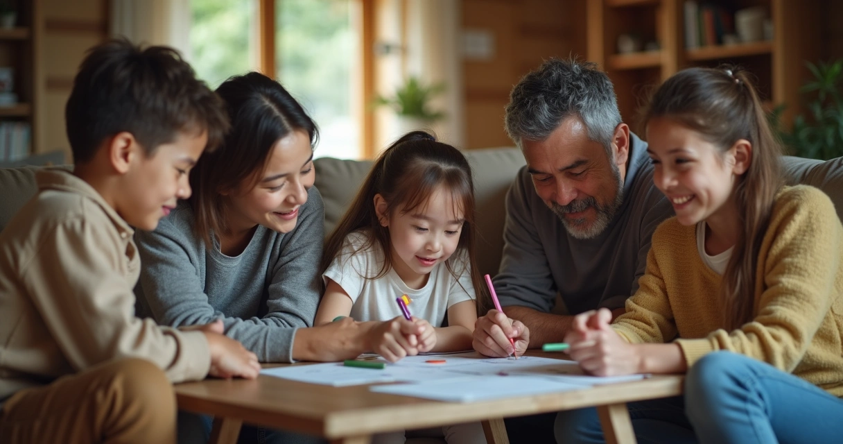Família reunida na sala em atividade conjunta, crianças e adultos interagindo, mostrando influência nas escolhas do cotidiano 