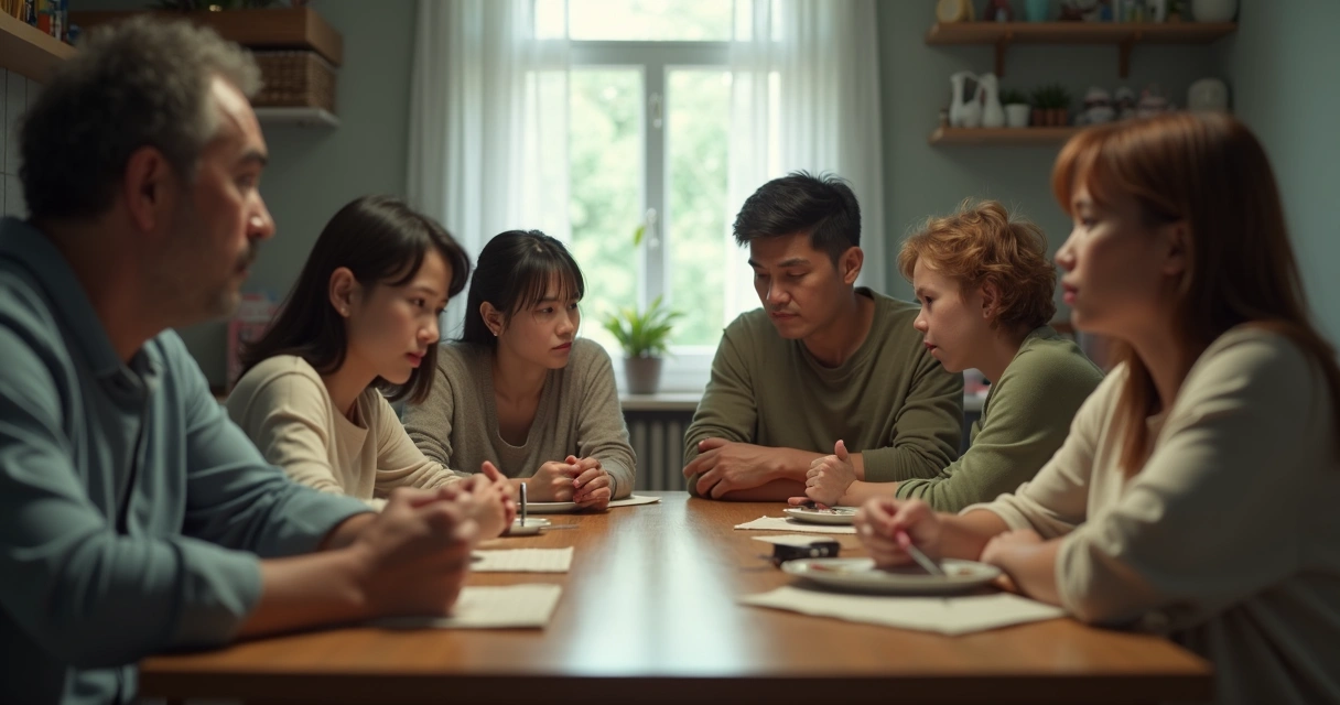 Família sentada à mesa com expressões tensas e clima de desconforto