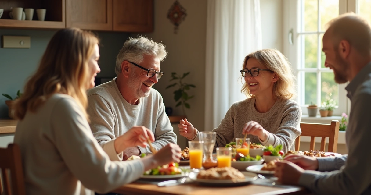 Família sentada ao redor da mesa compartilhando refeição, conversando em harmonia. 