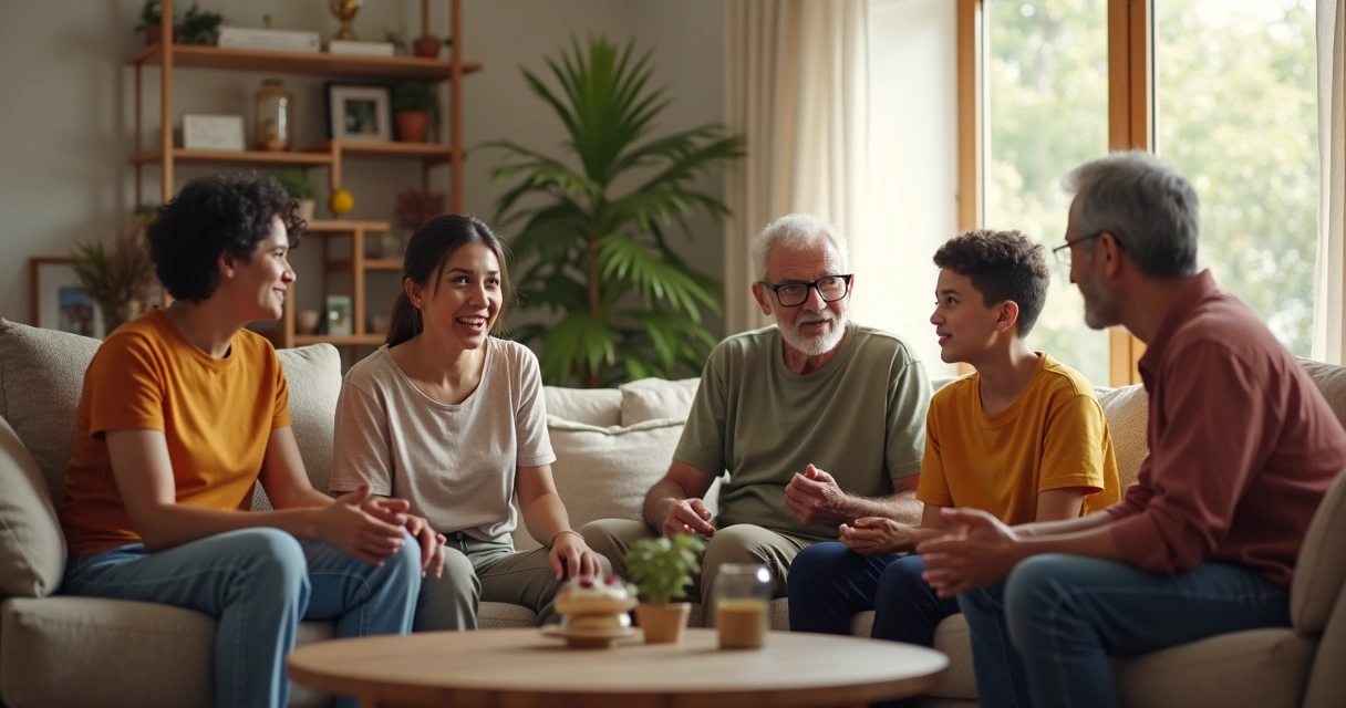 Família reunida conversando de forma respeitosa. 