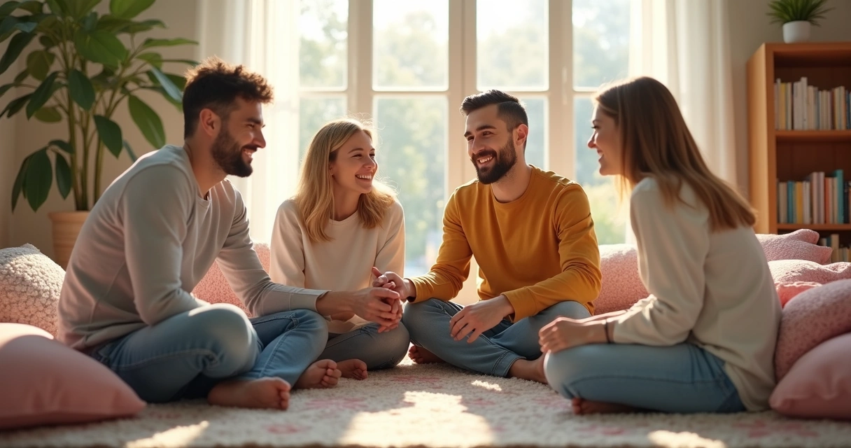 Família sentada em círculo sorrindo e compartilhando momentos 