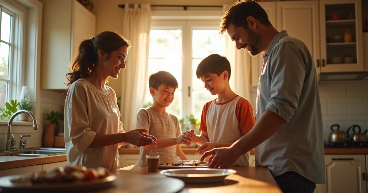 Família de diferentes idades cooperando nas tarefas domésticas