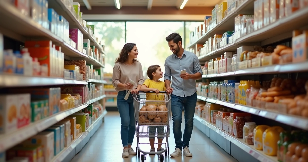 Família com criança escolhendo alimentos juntos no corredor do supermercado 