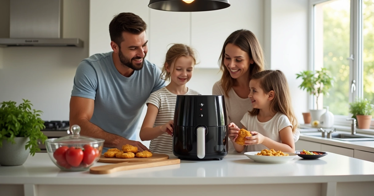 Família feliz junta usando uma air fryer na cozinha 