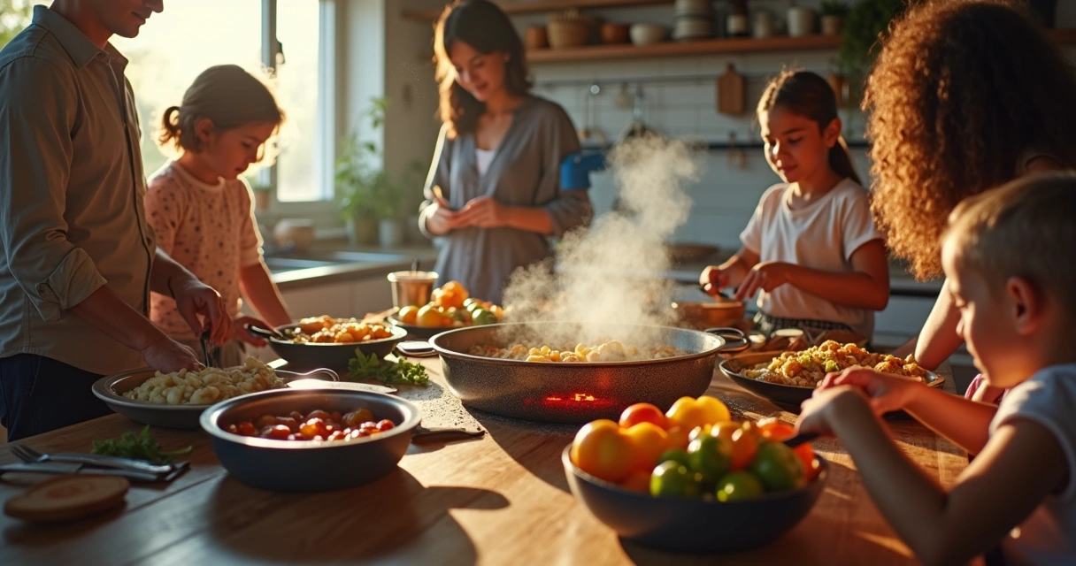 Família reunida ao redor de um cooktop 