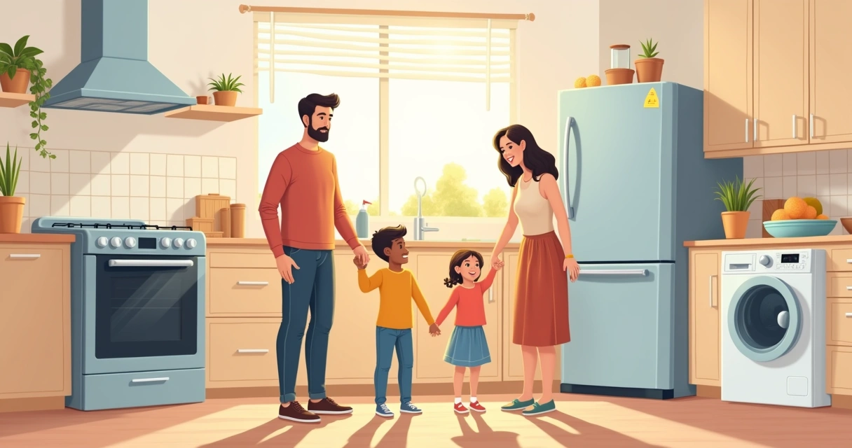 Família reunida em cozinha moderna com eletrodomésticos novos 